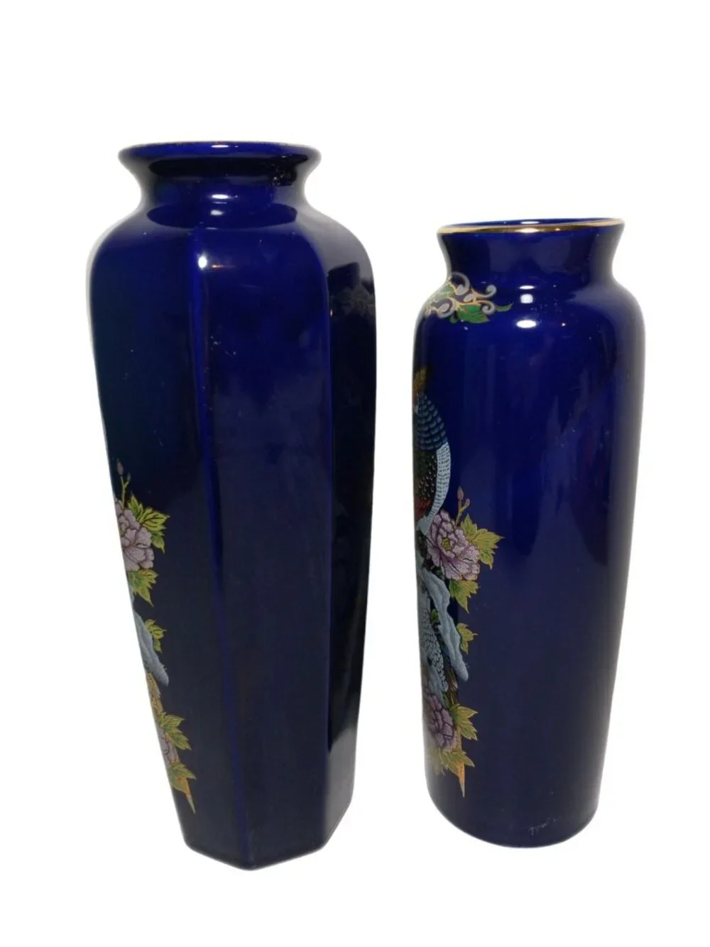 Vtg Cobalt Blue Vase with Pheasant Gold Accents Lot‎ of 2 Japan Signed